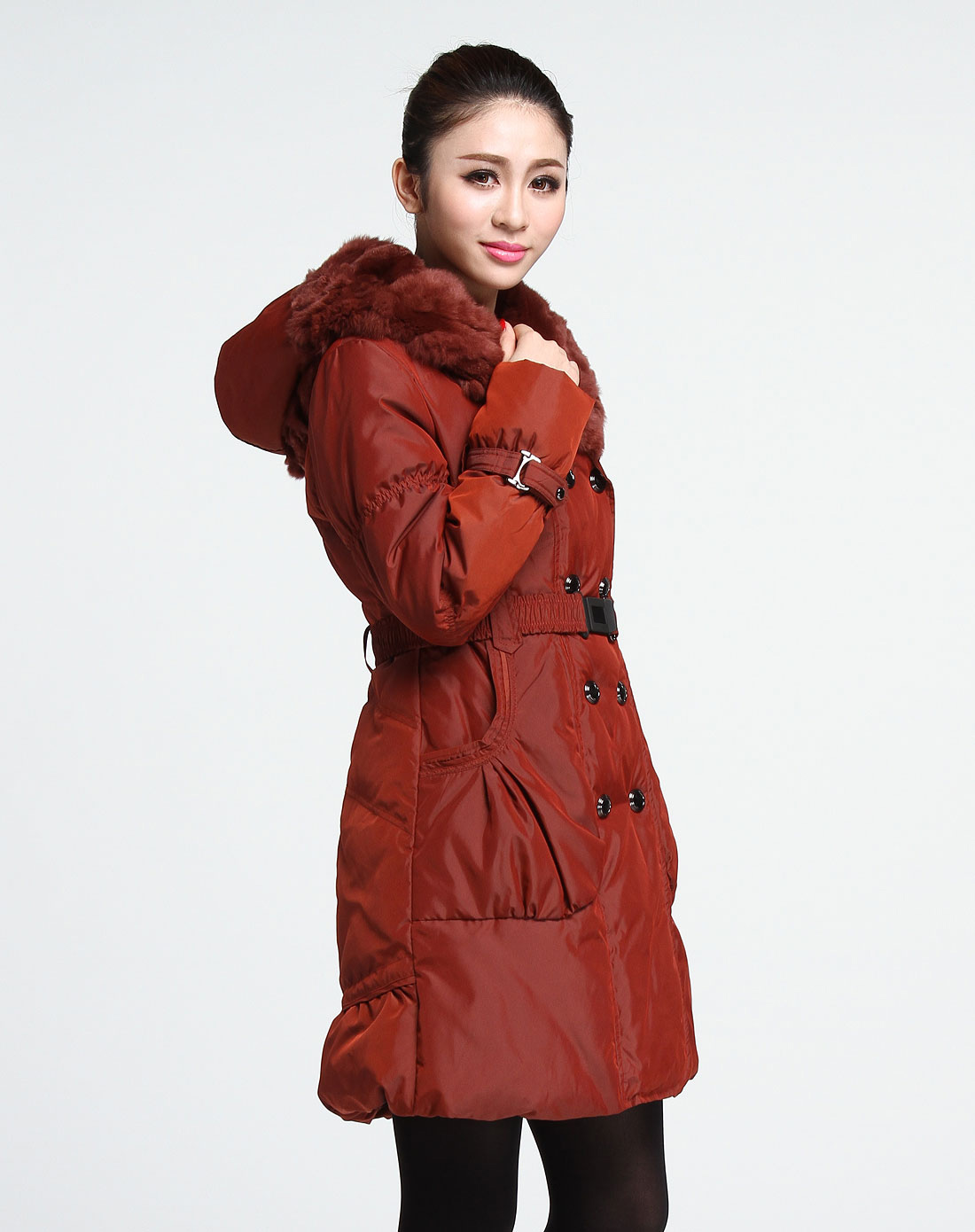 深橘红色时尚双钮扣连帽长袖羽绒服