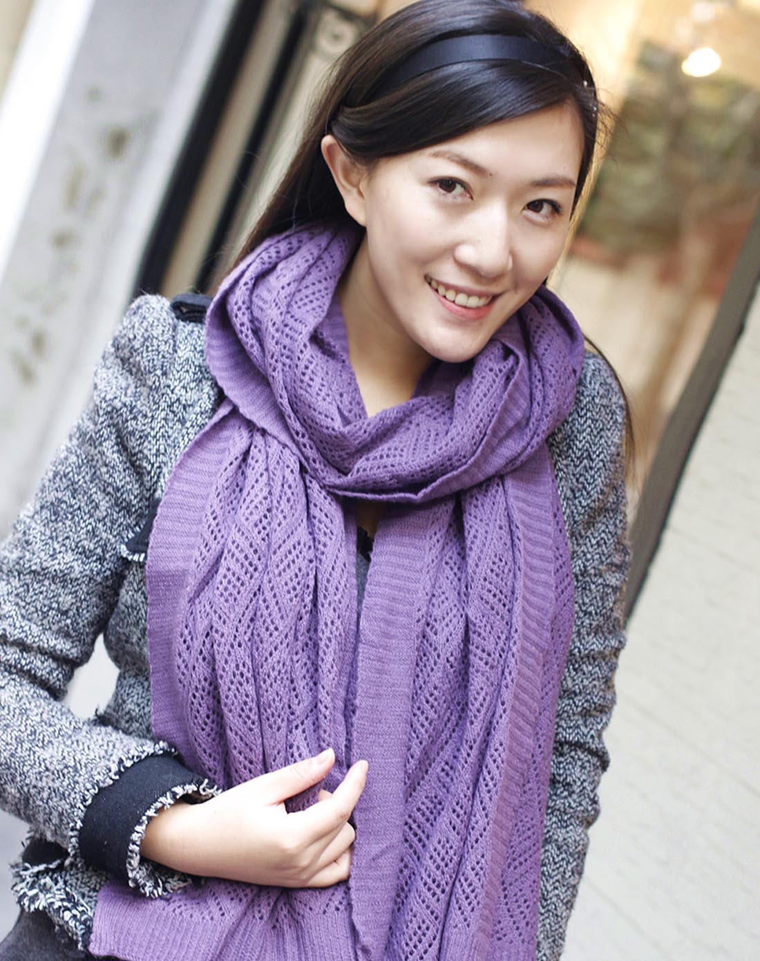 女款紫色纯羊绒菱格纹针织围巾