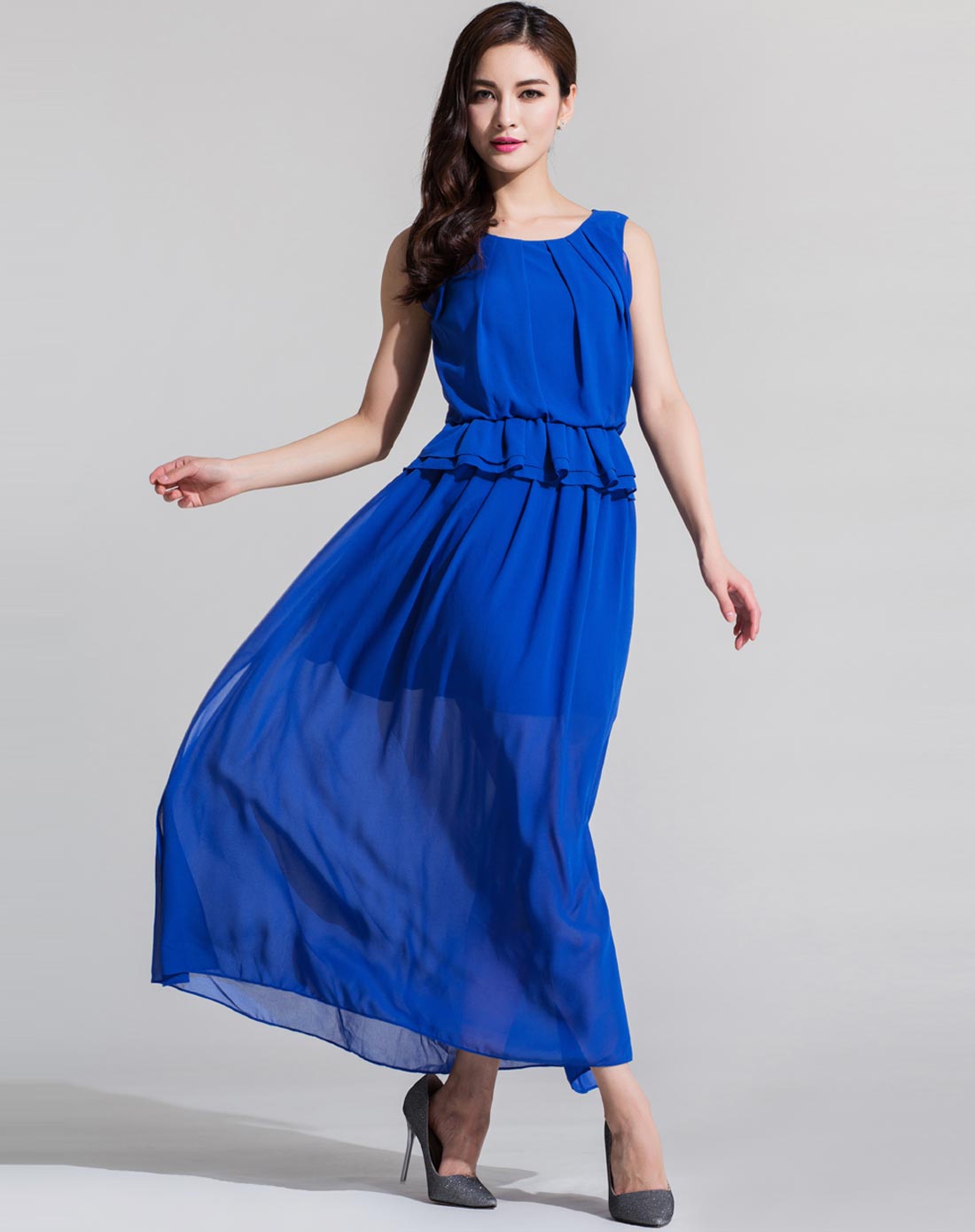 纯蓝色无袖时尚蓝色气质长裙
