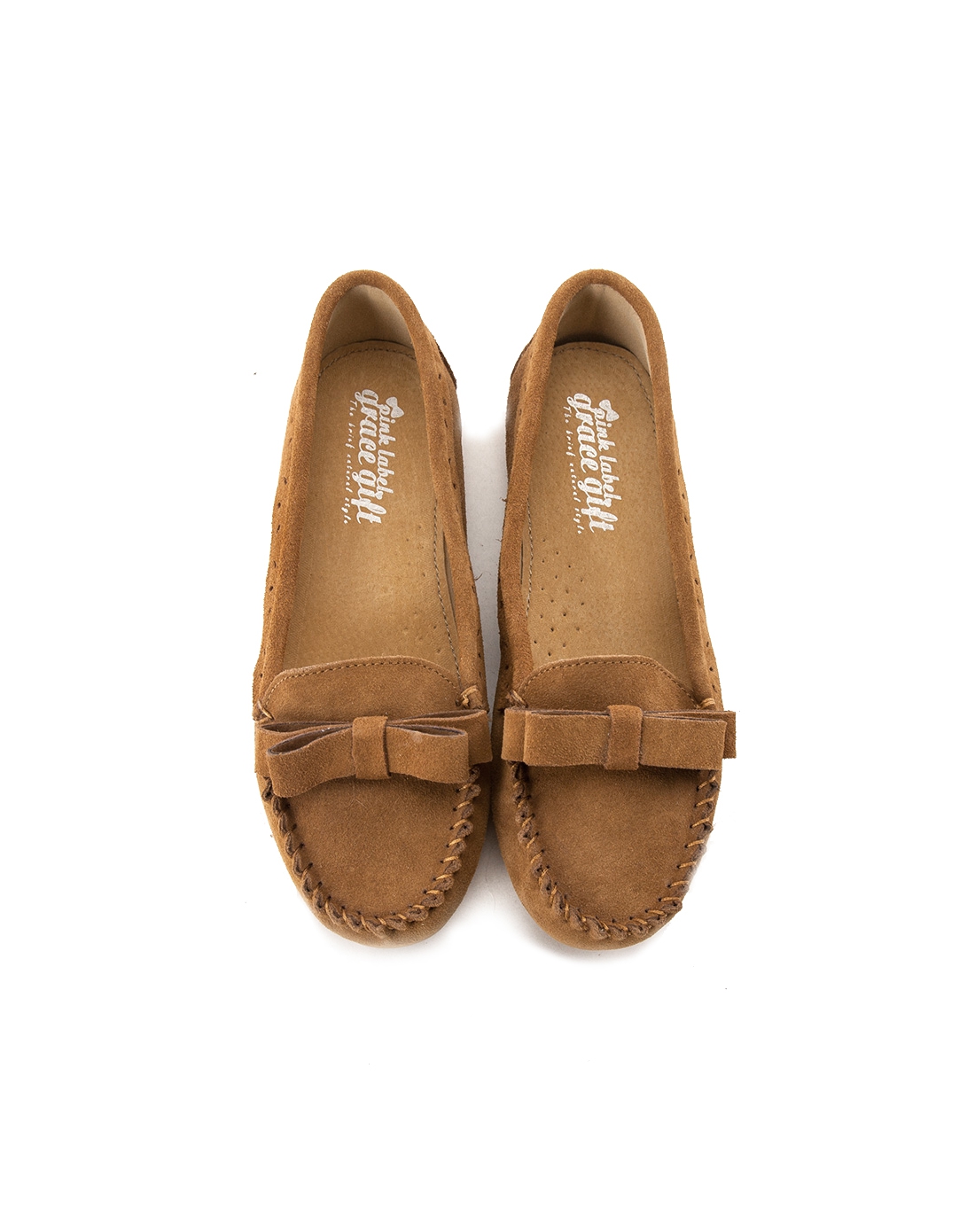 grace gift女鞋专场 棕色 蝴蝶结圆头牛二层皮平跟女单鞋