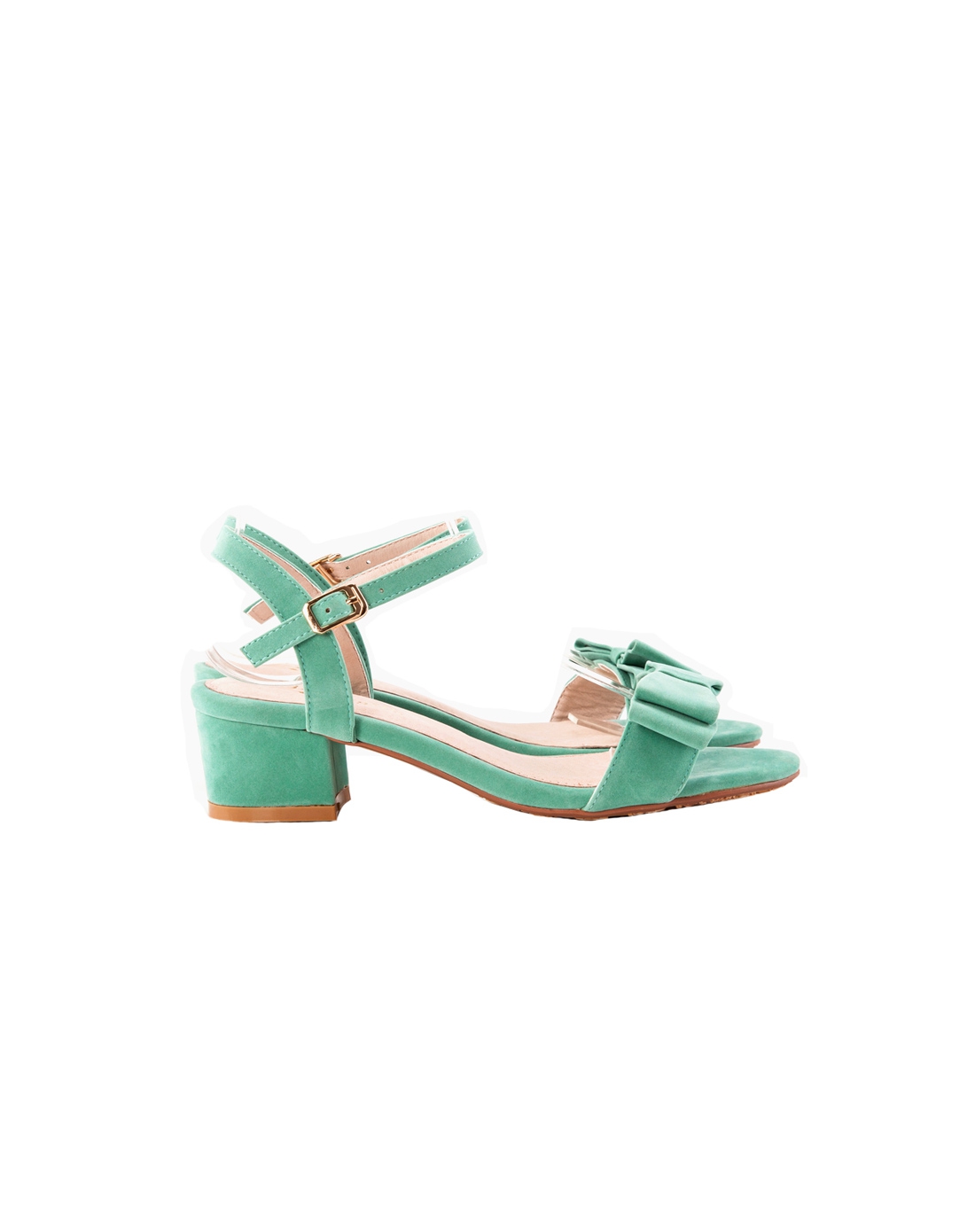 grace gift6767绿色甜美蝴蝶结绒面中粗跟凉鞋fs