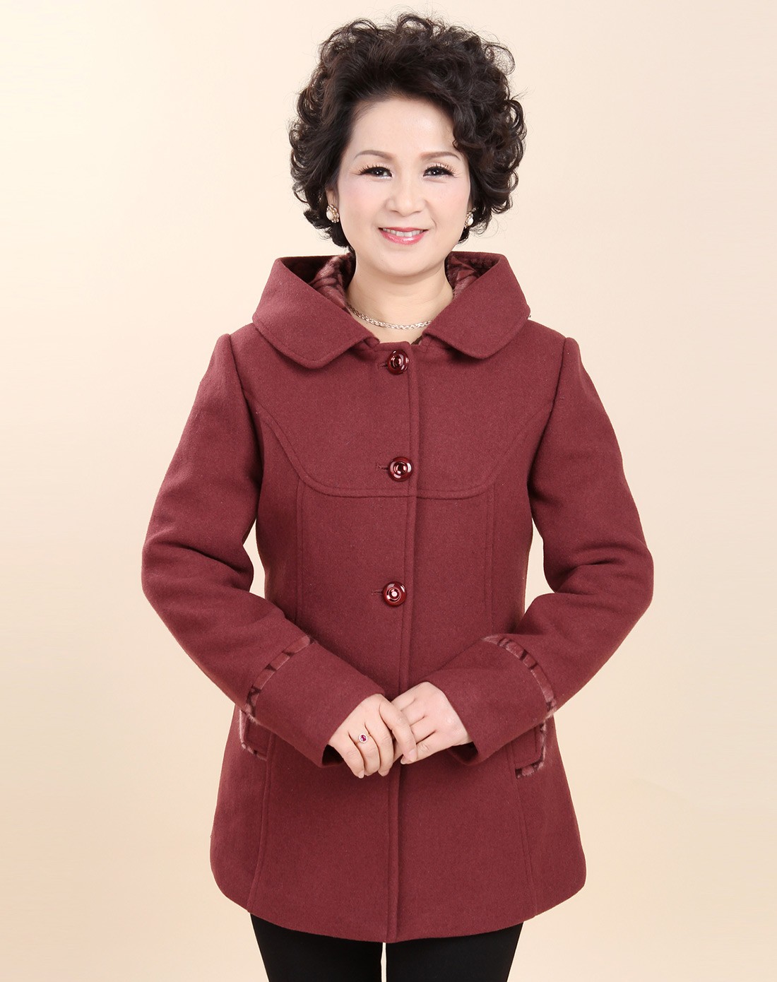 台格taige 女款酱红色时尚石头纹帽里毛呢外套