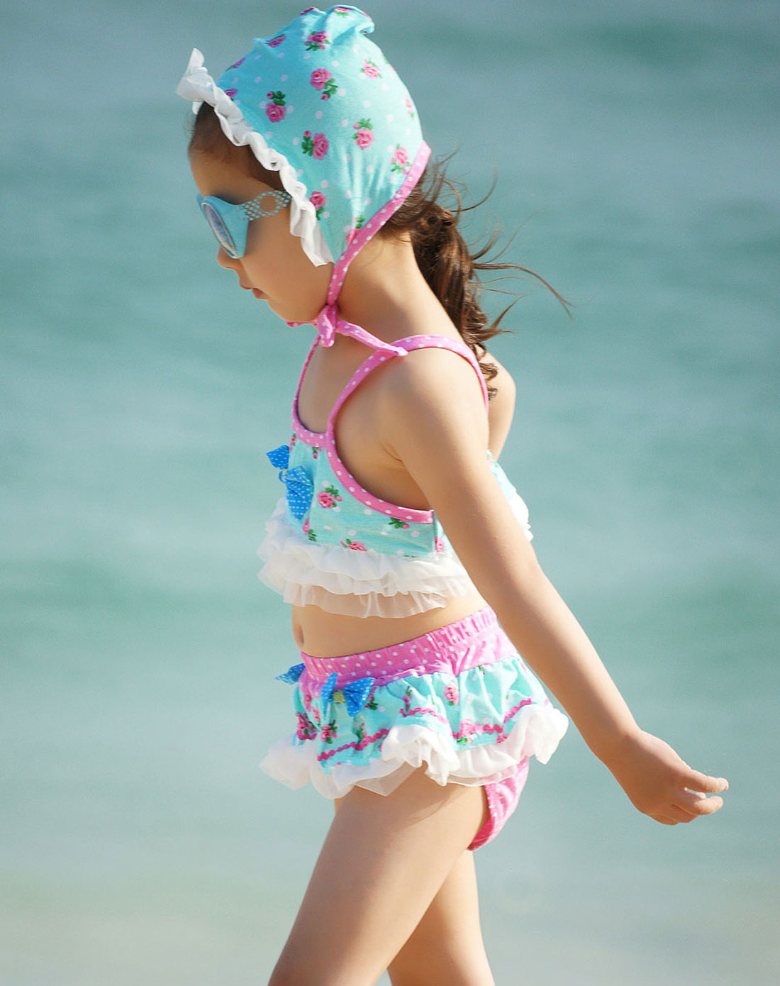 贝尔 女童粉红泳衣韩版比基尼泳