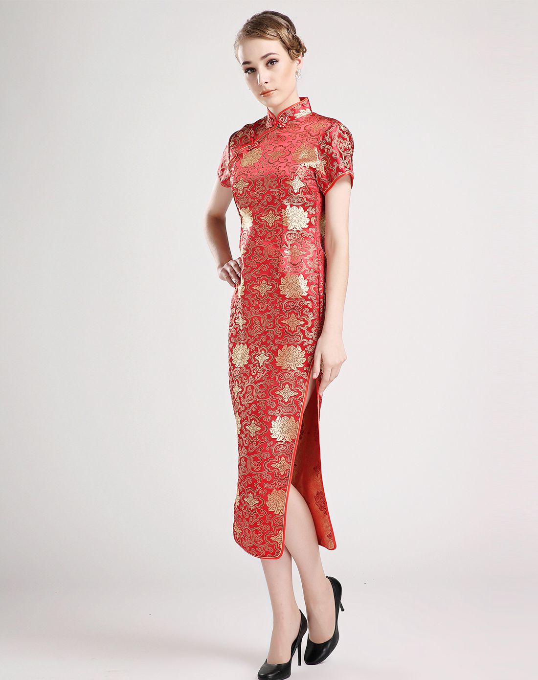 今典旗袍专场女款大红色祥云印花短袖旗袍J4