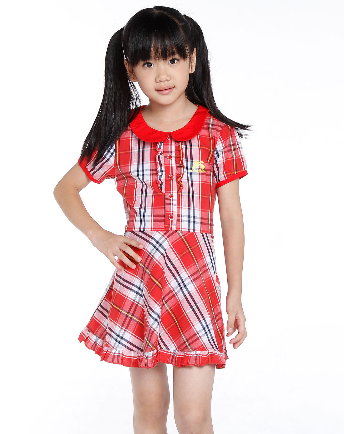 <em>女童红色</em>格子短袖<em>连衣裙</em>
