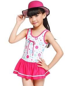 清新柔软 女童款粉红配白色泳衣 连体式