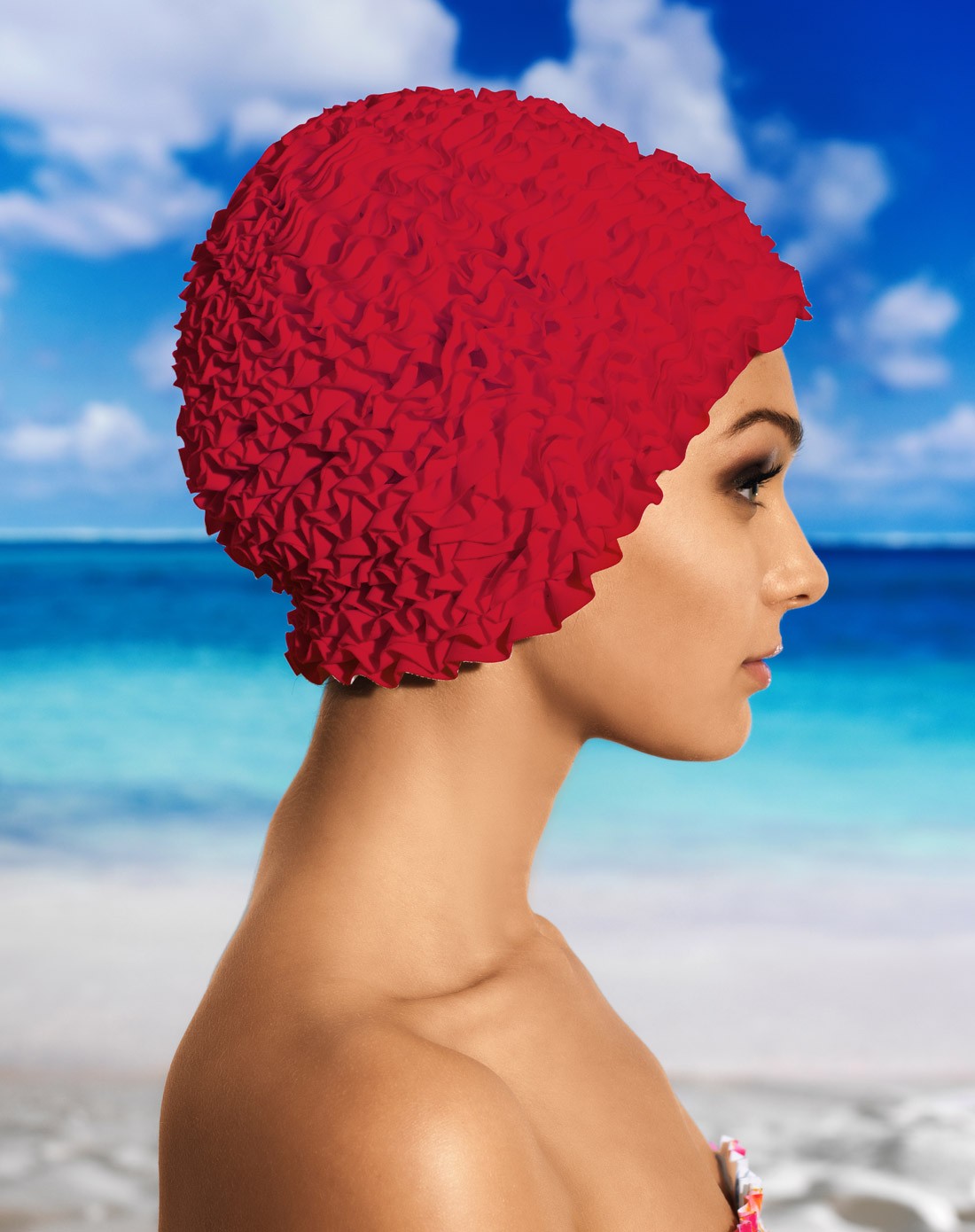 范德安balneaire泳装专场时尚立体 女款红色泳帽 佩戴