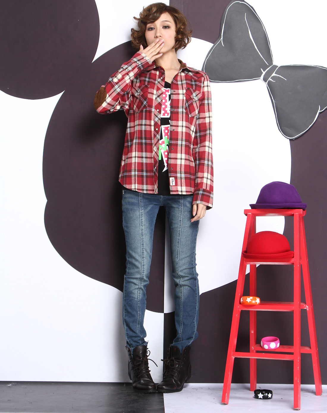 Mickey+Mouse<em>米奇女装</em>深红色格子长袖衬衫2