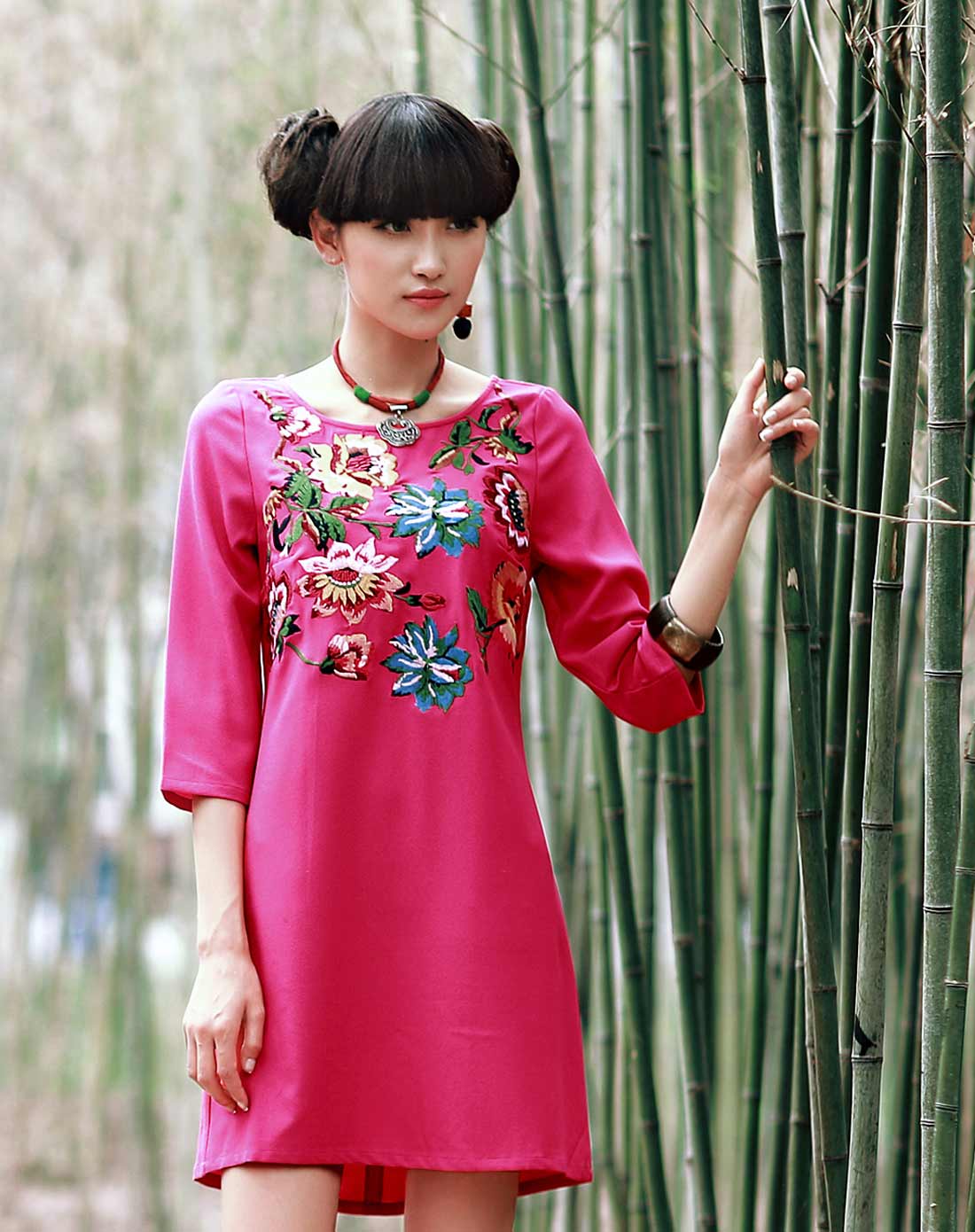 <em>裂帛</em>玫红绣花裙雪纺<em>连衣裙</em>七分袖511303970