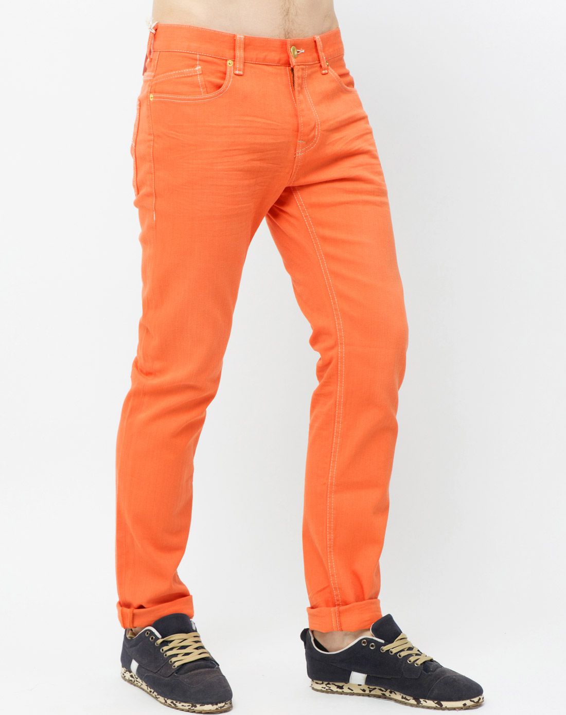 时尚彩裤 男式橙色牛仔裤 直筒中腰