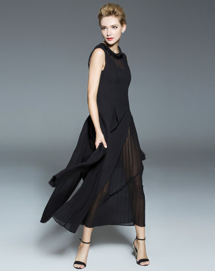 黑色无袖高贵精致复古优雅长款显瘦连衣裙