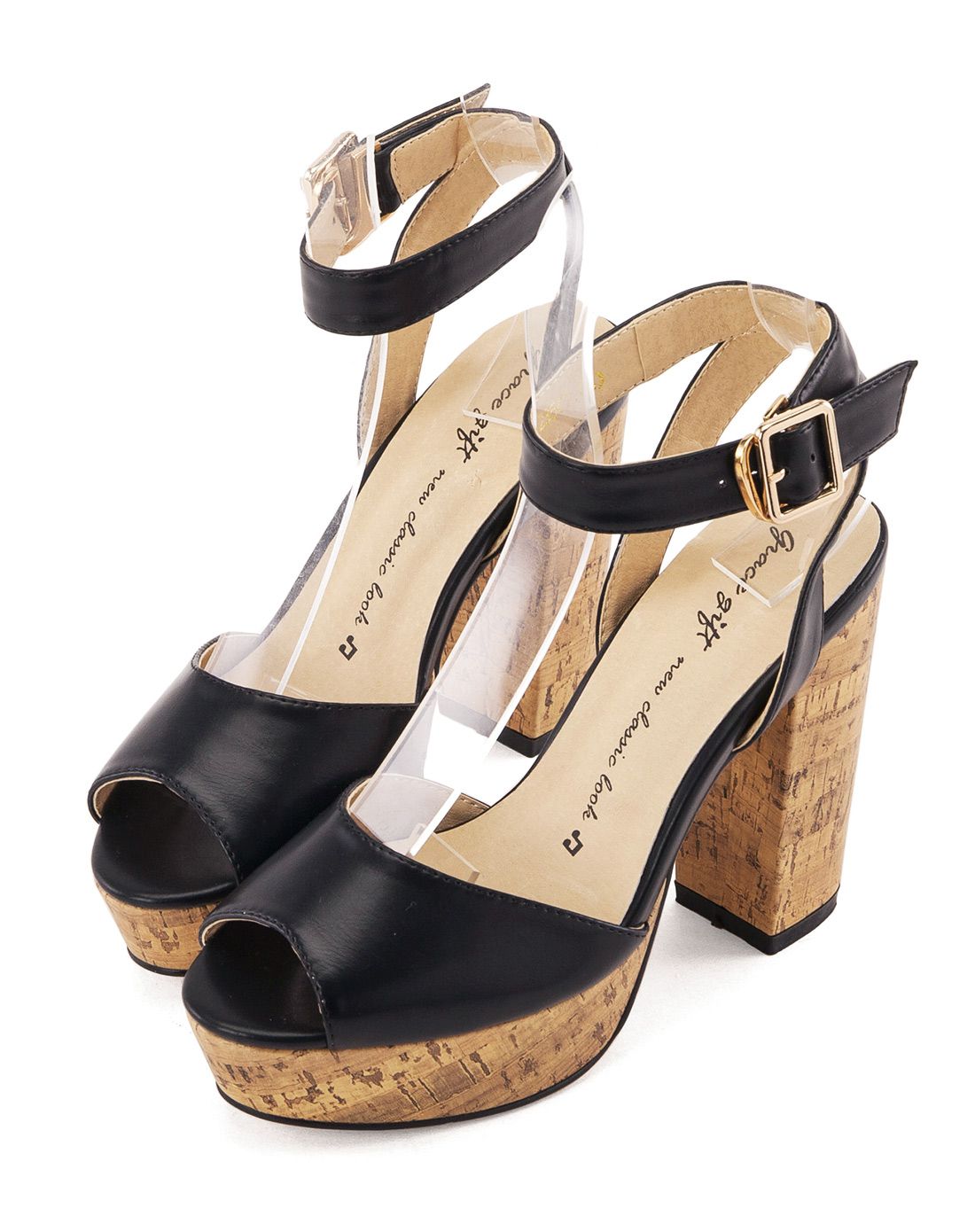 gracegift台湾专柜 黑色 宽带木纹防水台高跟凉鞋6s-