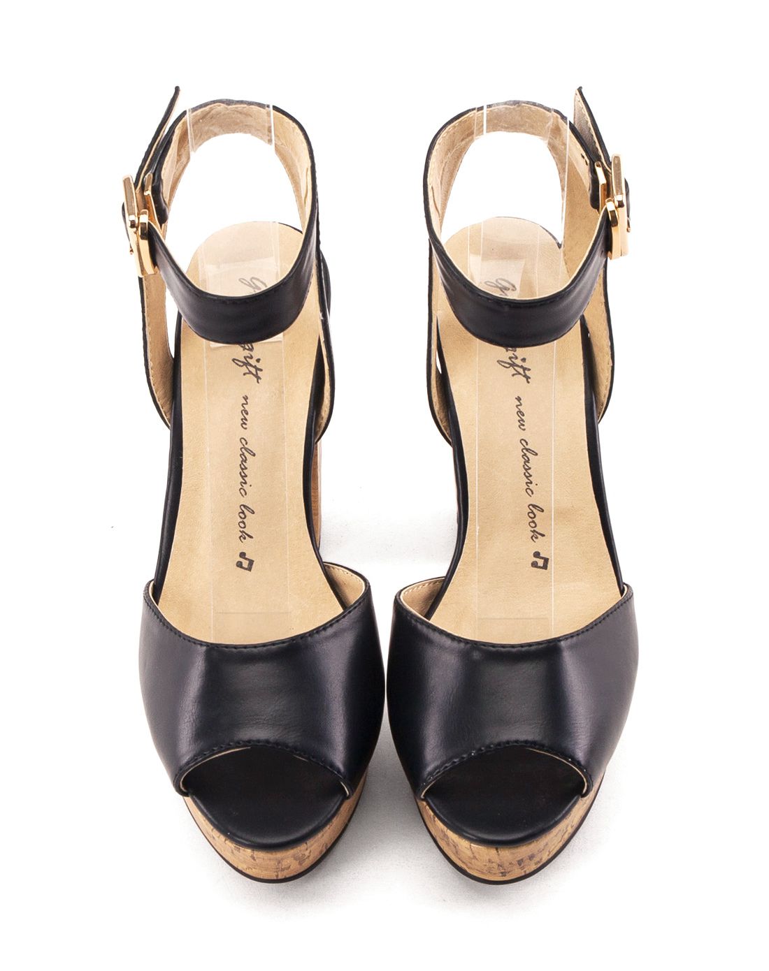 gracegift台湾专柜 黑色 宽带木纹防水台高跟凉鞋6s-