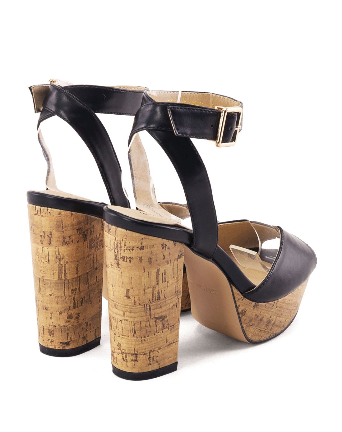 gracegift台湾专柜 黑色 宽带木纹防水台高跟凉鞋6s-