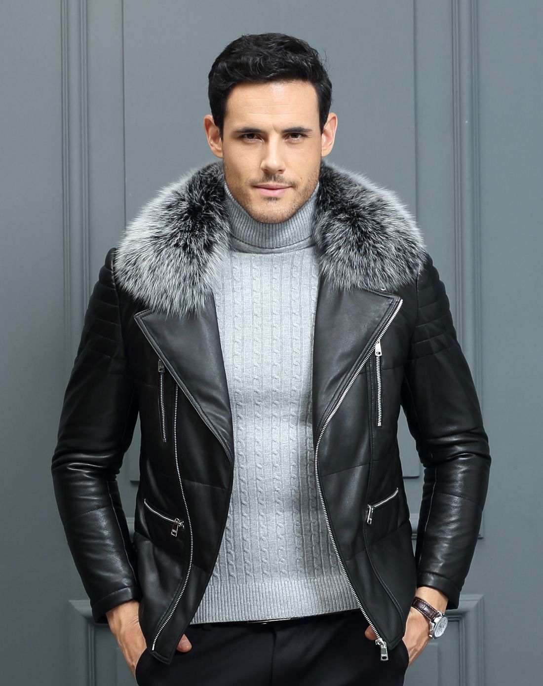 飞拉丹顿男女皮草男士黑色狐狸毛领机车羽绒短