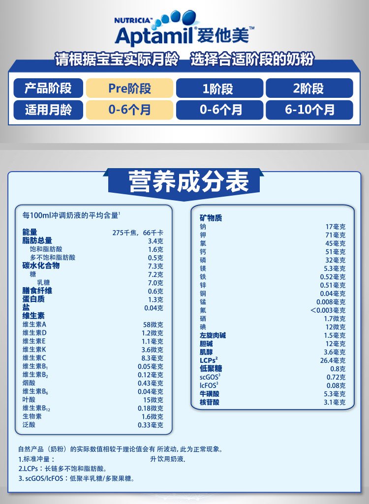 德国aptamil爱他美白金版婴幼儿配方奶粉 pre段 800克