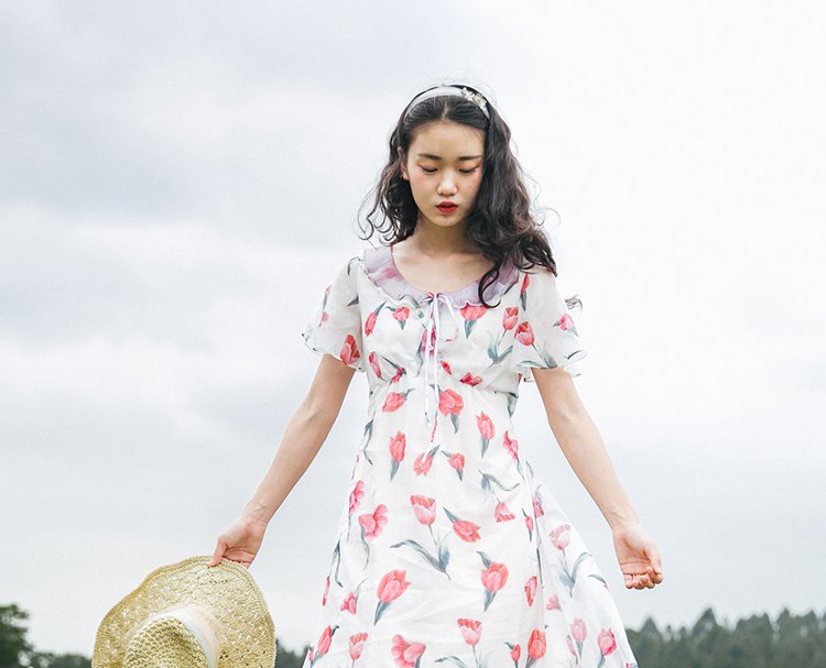北冥有渔原创 森系文艺复古郁金香印花连衣裙夏双层领中长款裙子