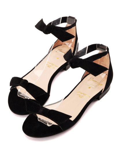 grace gift2017新款蝴蝶结一字带平底女凉鞋黑6sgsf3s