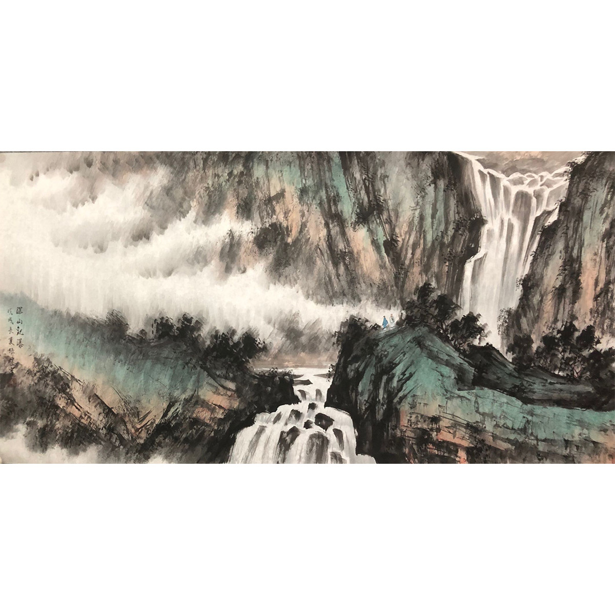 艺术家手绘真迹 张栋作品 深山观瀑 山水国画客厅装饰画挂画