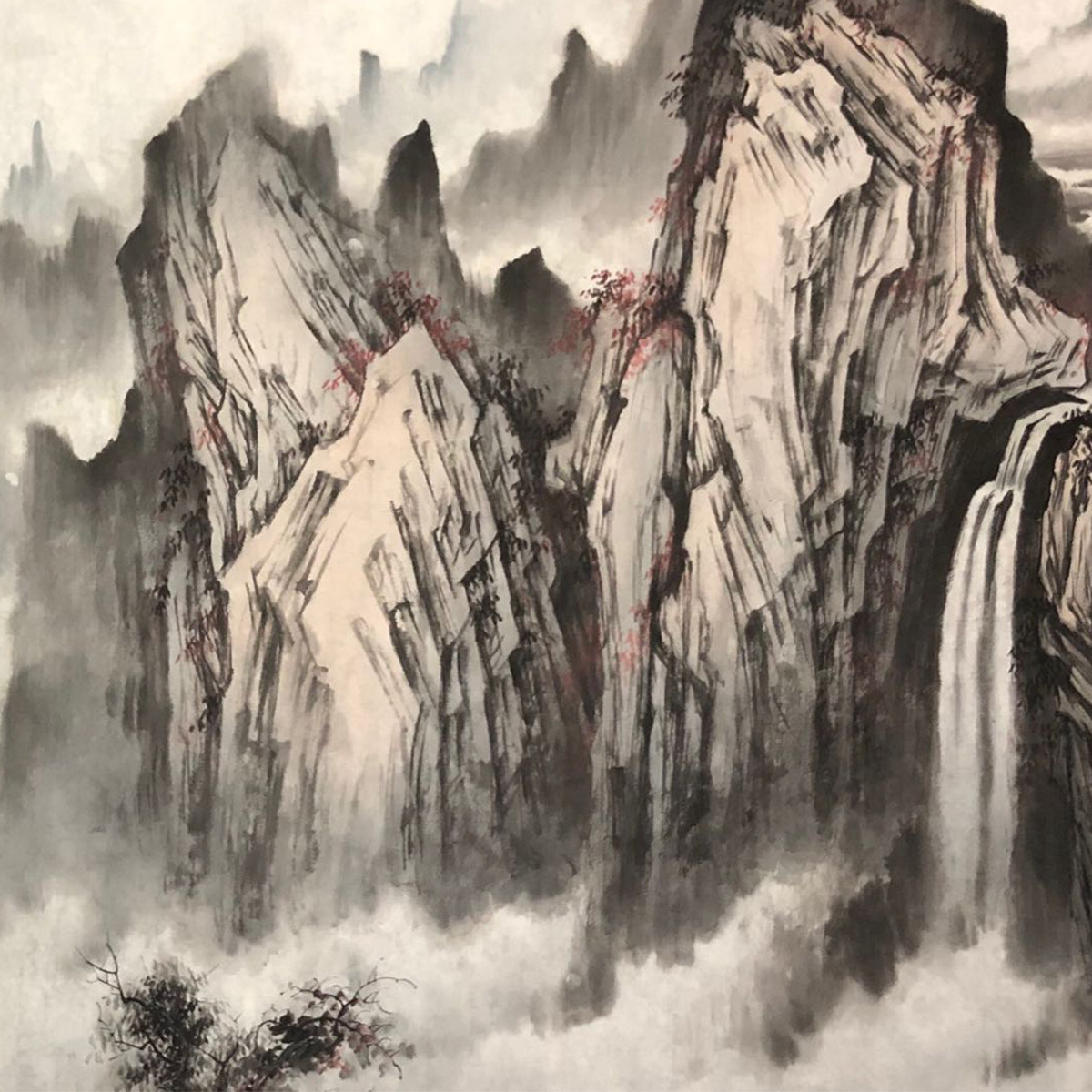 艺术家手绘真迹 张栋作品 秋山飞瀑 山水国画客厅装饰画挂画