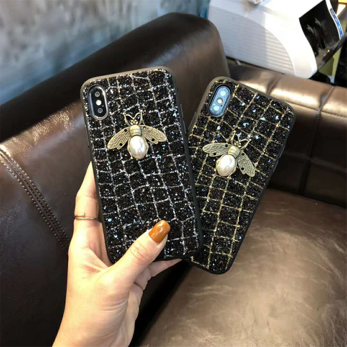 奢华闪粉贴钻iphone6s保护套网格纹蜜蜂iphonex个性时尚手机壳