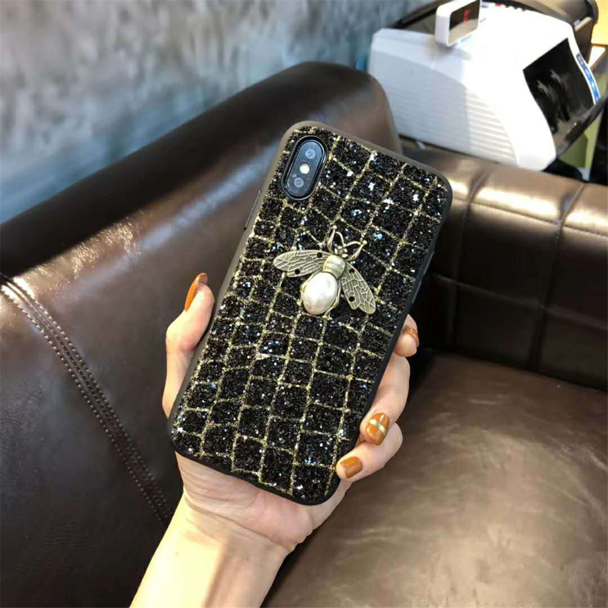 奢华闪粉贴钻iphone6s保护套网格纹蜜蜂iphonex个性时尚手机壳