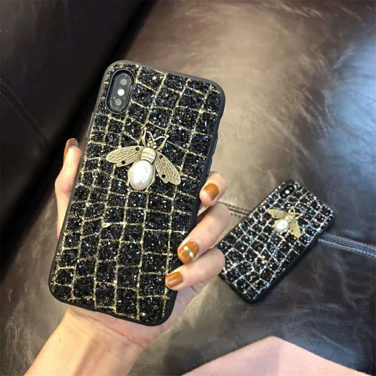 奢华闪粉贴钻iphone6s保护套网格纹蜜蜂iphonex个性时尚手机壳