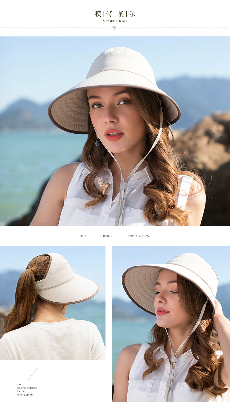夏季新款帽子女半空顶露马尾大帽檐可折叠便携防晒遮阳帽太阳帽