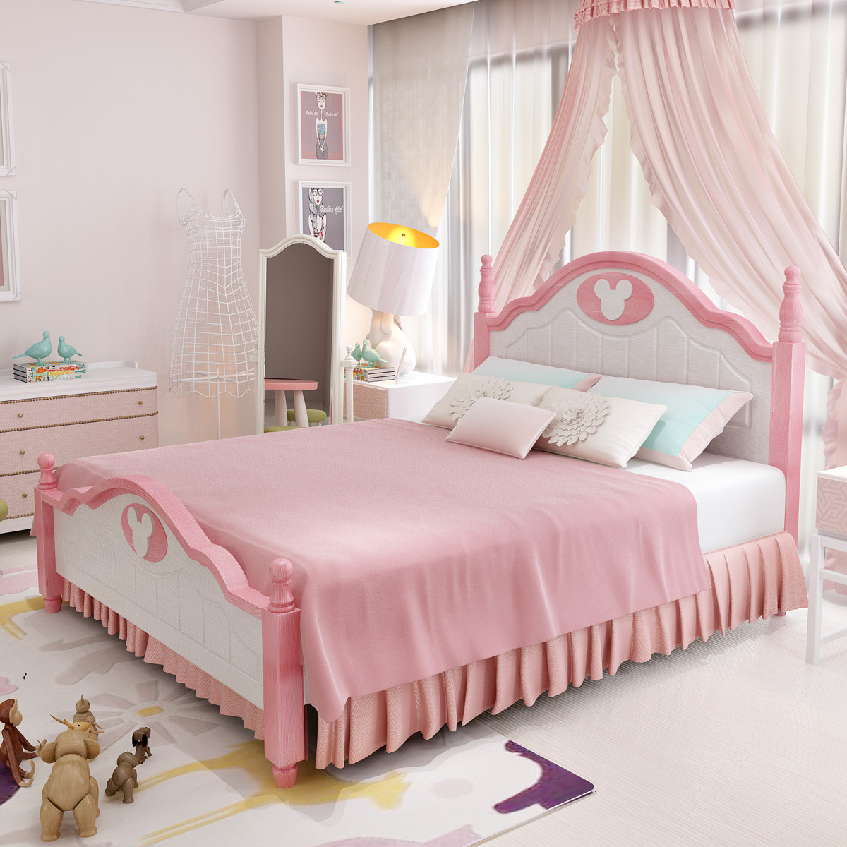 儿童床女孩公主床1.5米1.2米全实木橡木粉色单人床双人床
