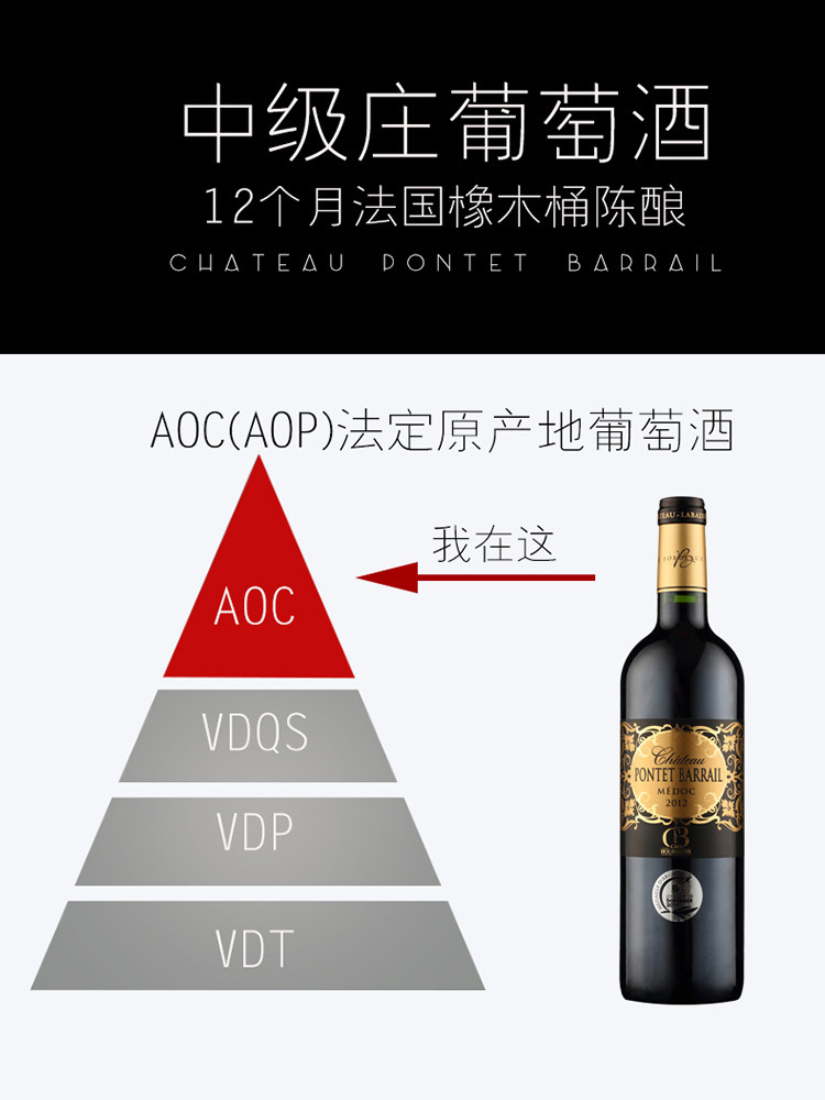 法国梅多克中级庄葡萄酒 aoc 法国朋特宝莱庄园干红葡萄酒