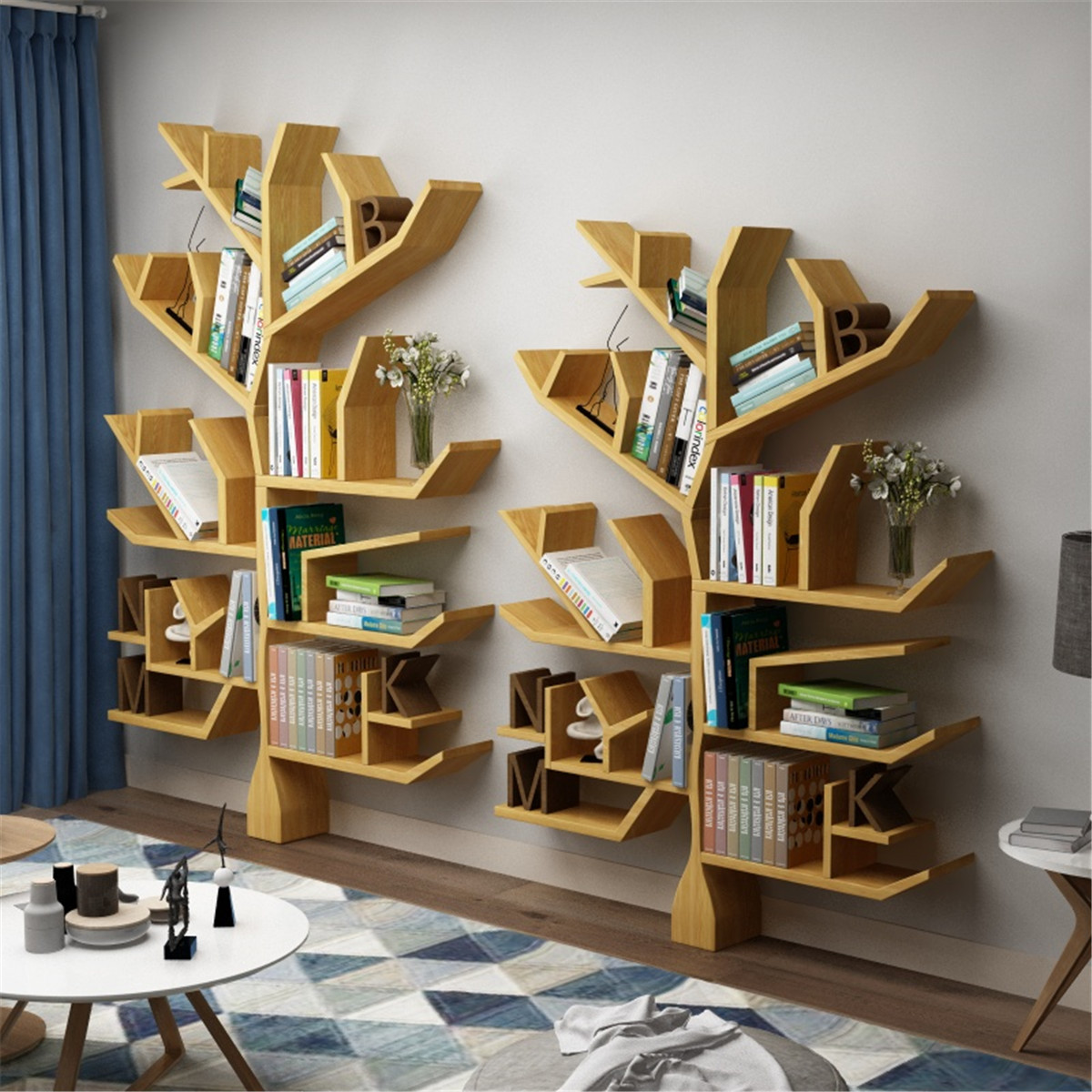 树形书架实木置物架背景墙办公室墙上壁挂创意装饰架儿童书报定制