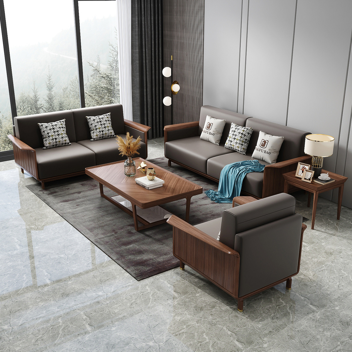 现代风全实木沙发简约客厅家具皮艺沙发123组合现代中式实木沙发