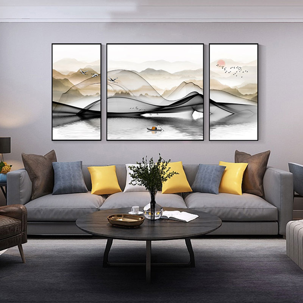 新中式客厅三联画禅意书房画中式沙发墙画意境画