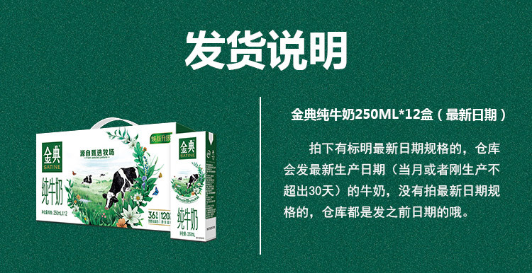 纯牛奶250ml*12盒学生营养早餐金典纯牛奶整箱最新货