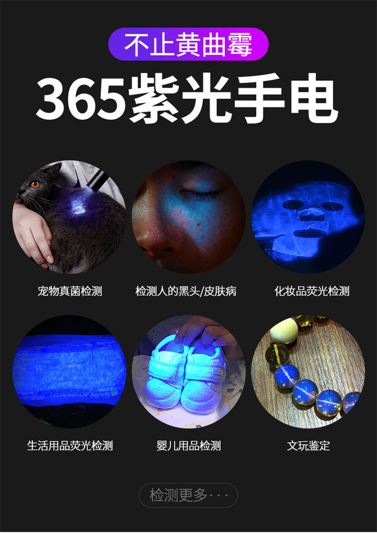 黄曲霉素霉菌检测笔 紫外线紫光灯手电筒365nm 荧光剂鉴定验钞灯