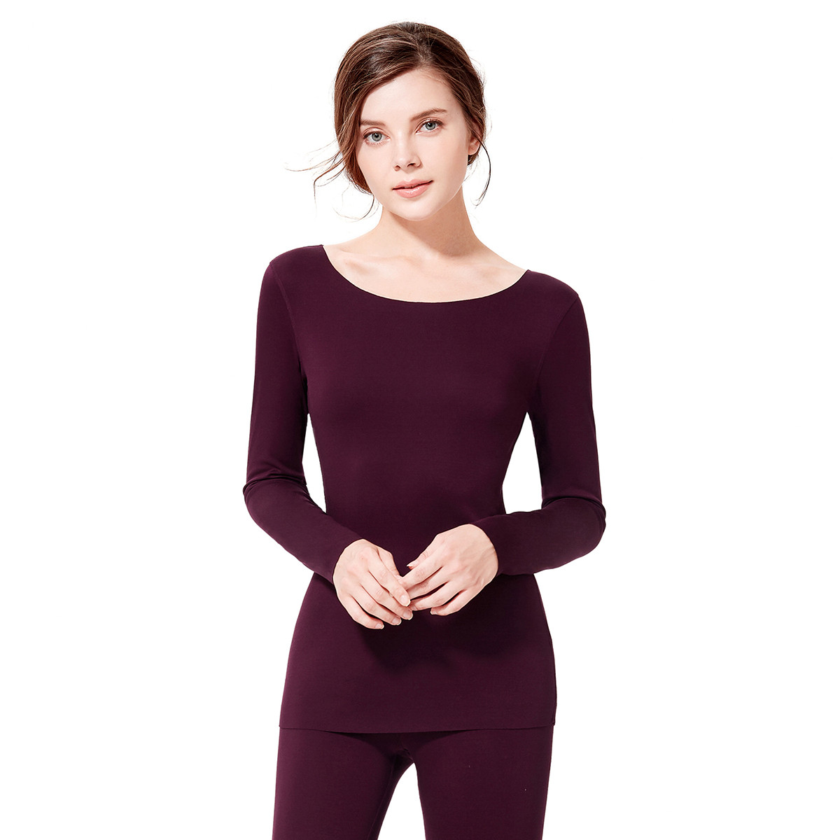 安莉芳薄款圆领秋衣家居服无痕长袖修身打底衫女士保暖内衣