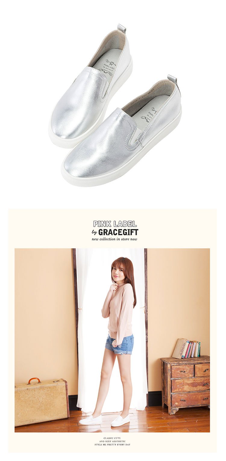 迪士尼合作系列--grace gift女鞋专场 2017牛二层皮套脚平底小白鞋女