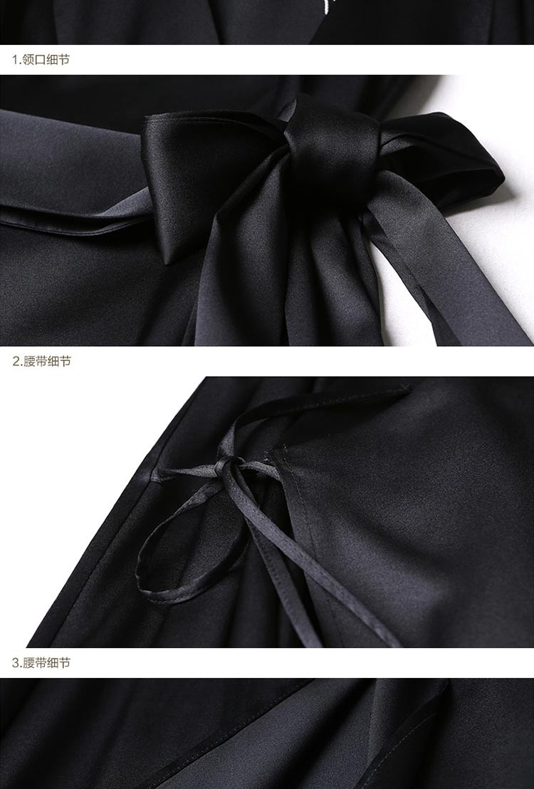 丝绸和服式交叉 短睡裙舒适蕾丝绣花黑色真丝睡衣女