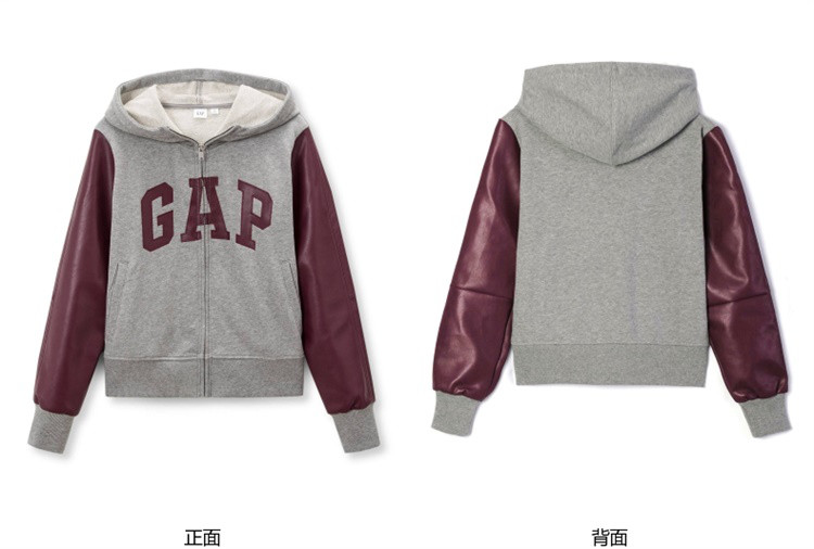 gap女装时尚连帽卫衣外套444562 仿皮拼接休闲logo上衣棒球服