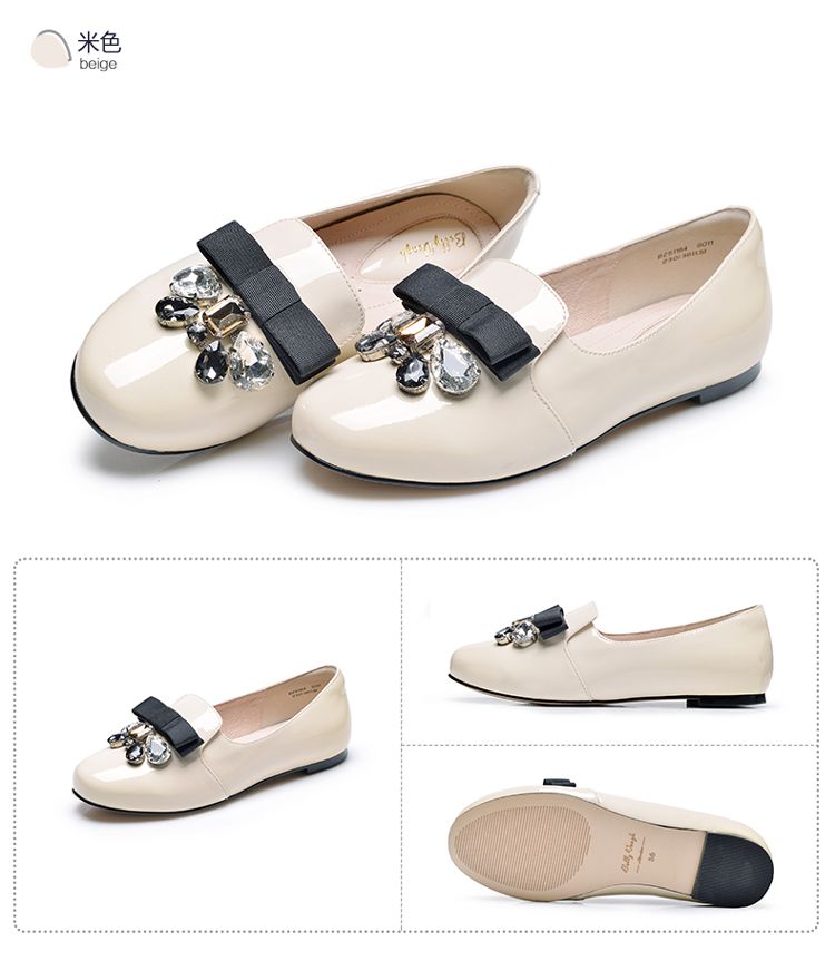 新款黑色基础款亮面蝴蝶结水钻乐福鞋