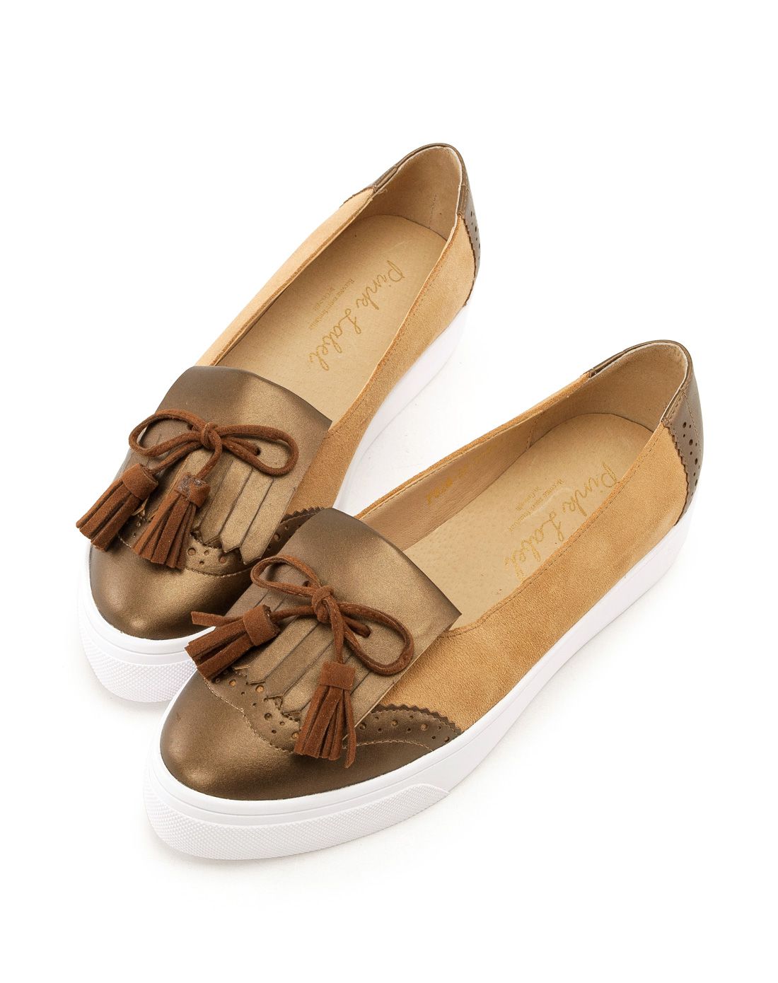 gracegift牛津雕花拼接蝴蝶结流苏厚底乐福鞋 铜6ag-3