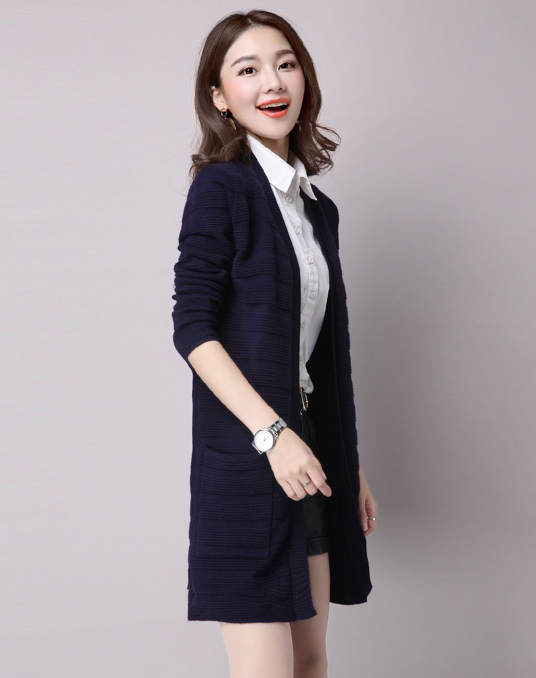 丝柏舍女藏青色纯色中长款开衫毛衣s63w0054a181_唯品会