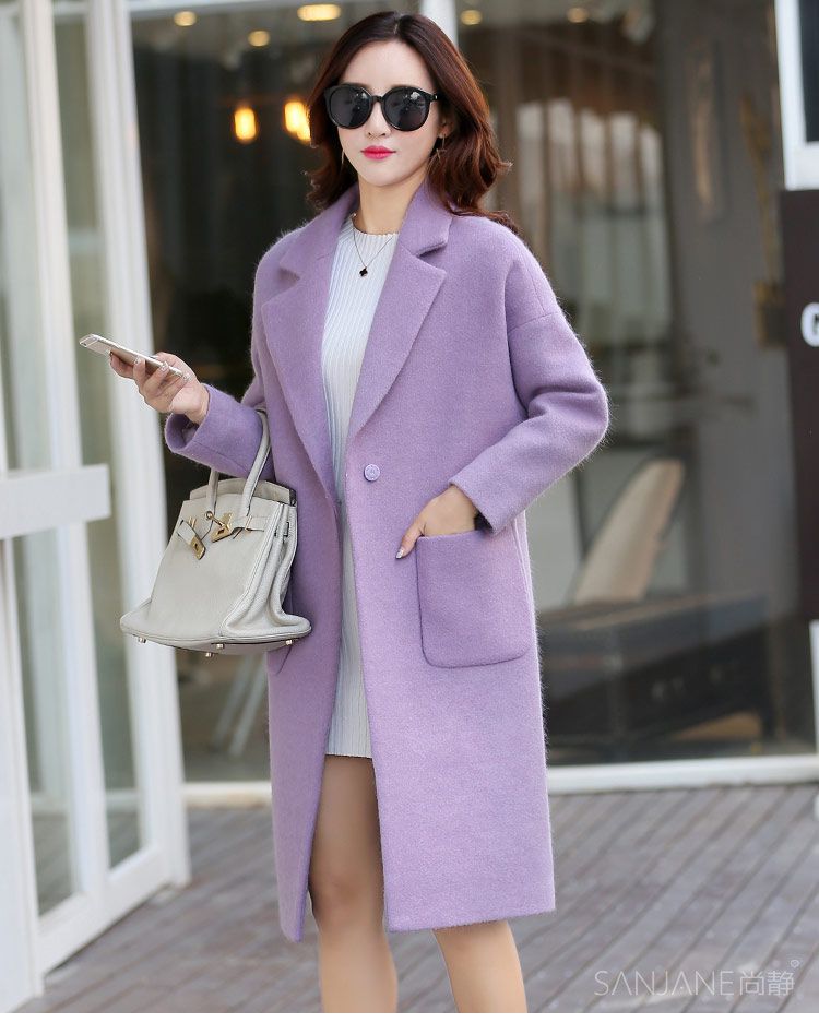 紫色大方翻领淑女口袋长袖毛呢大衣