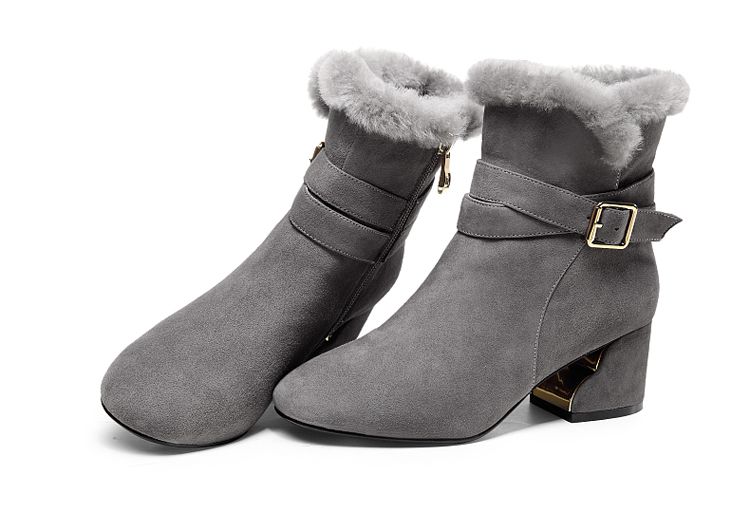 冬季新品灰色-羊猄圆头粗高跟加绒短靴