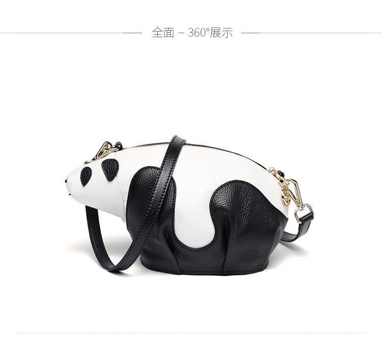 头层牛皮卡通白色熊猫型女士斜挎单肩包