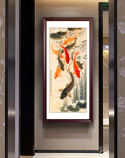 九鱼聚财 新中式玄关过道走廊竖版挂画卧室床头壁画餐厅客厅装饰画