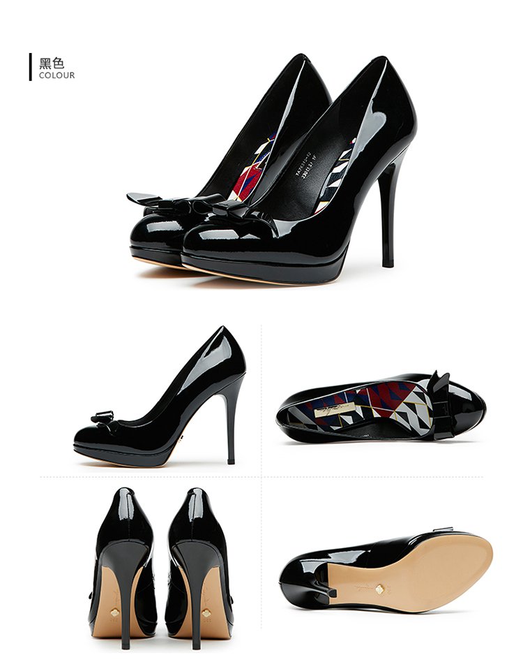 蹀愫Tigrisso蹀愫蝴蝶结金属饰扣漆皮超高跟浅口单鞋TA76515-12B0Q_唯品会