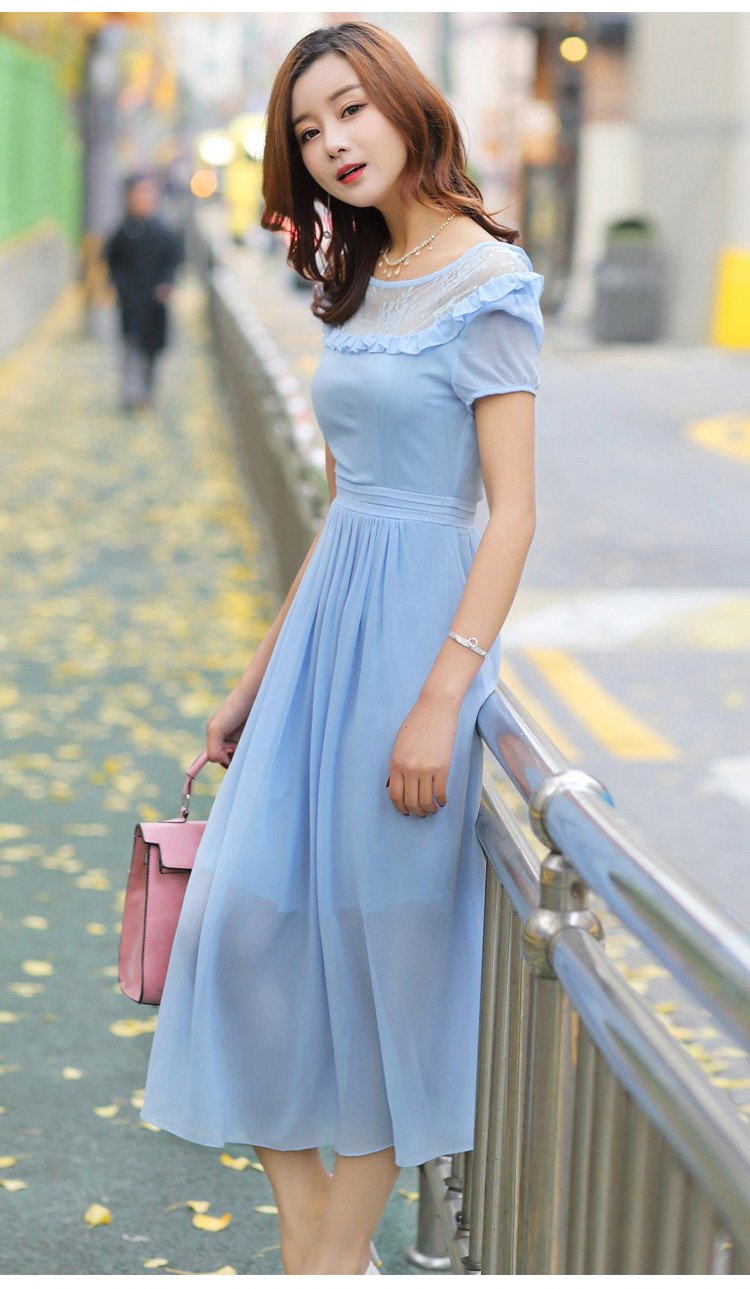 蕾丝镂空短袖连衣裙蓝色