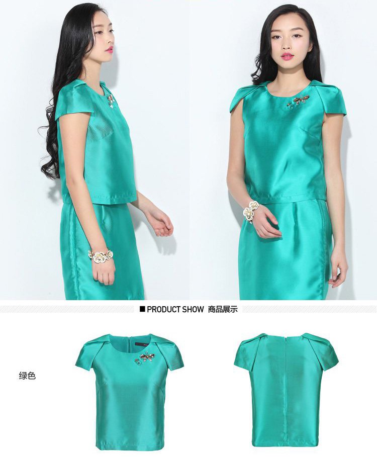 手工钉珠缎面上衣绿色