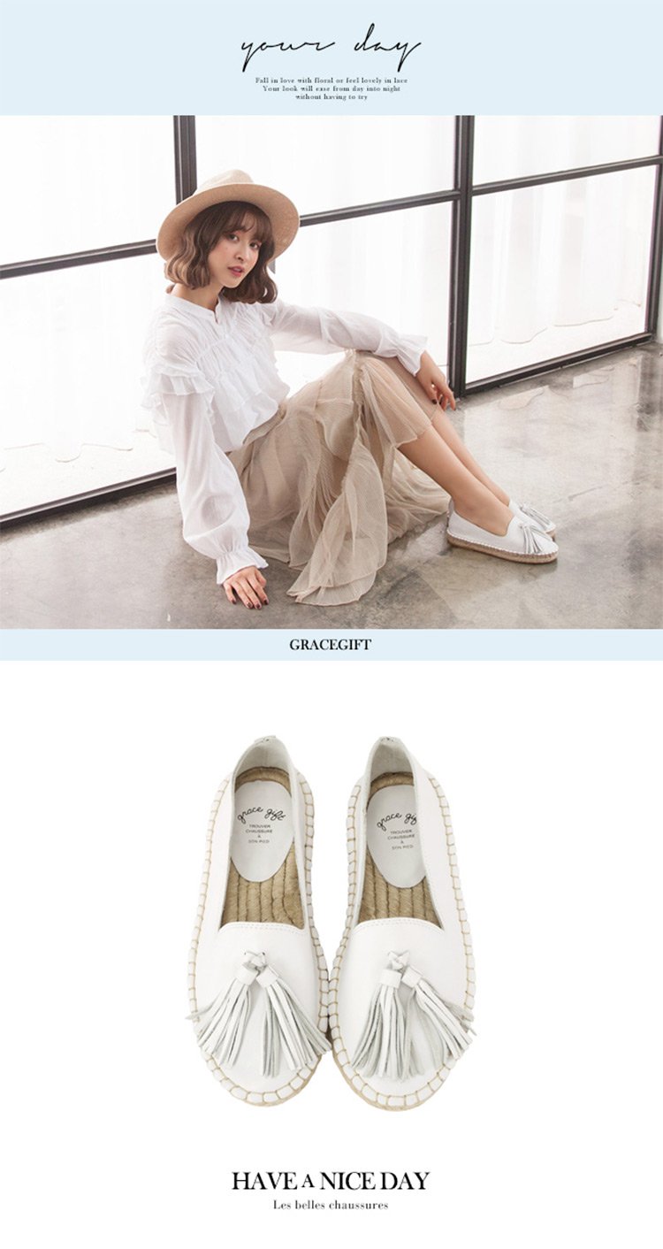 gracegift女鞋清仓专场2017头层牛皮麻底流苏平跟休闲
